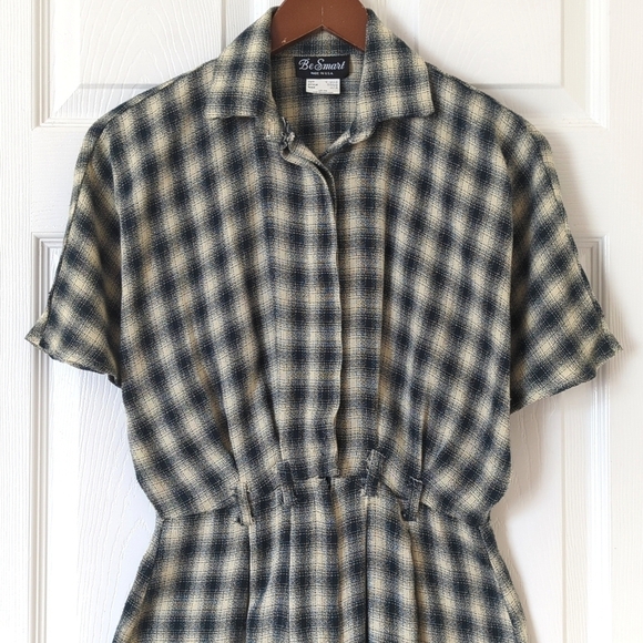 Be Smart 80's Vintage Classic Plaid Short Sleeve Wide Leg Romper Navy Cream 3/4 - Picture 2 of 16